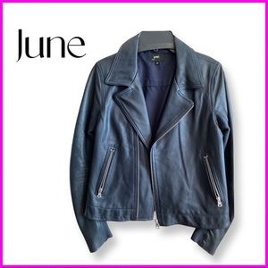 EUC June Anthropologie Dark Blue Genuine Leather Jacket Size Small